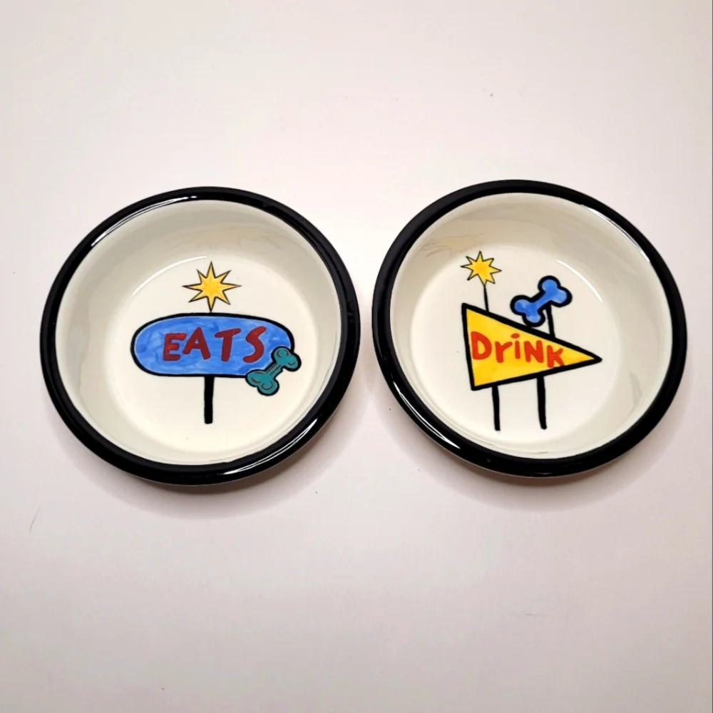 EAT and DRINK Set of 2 Ceramic Pet Food Bowls Handpainted Diner Decor Vibes RARE